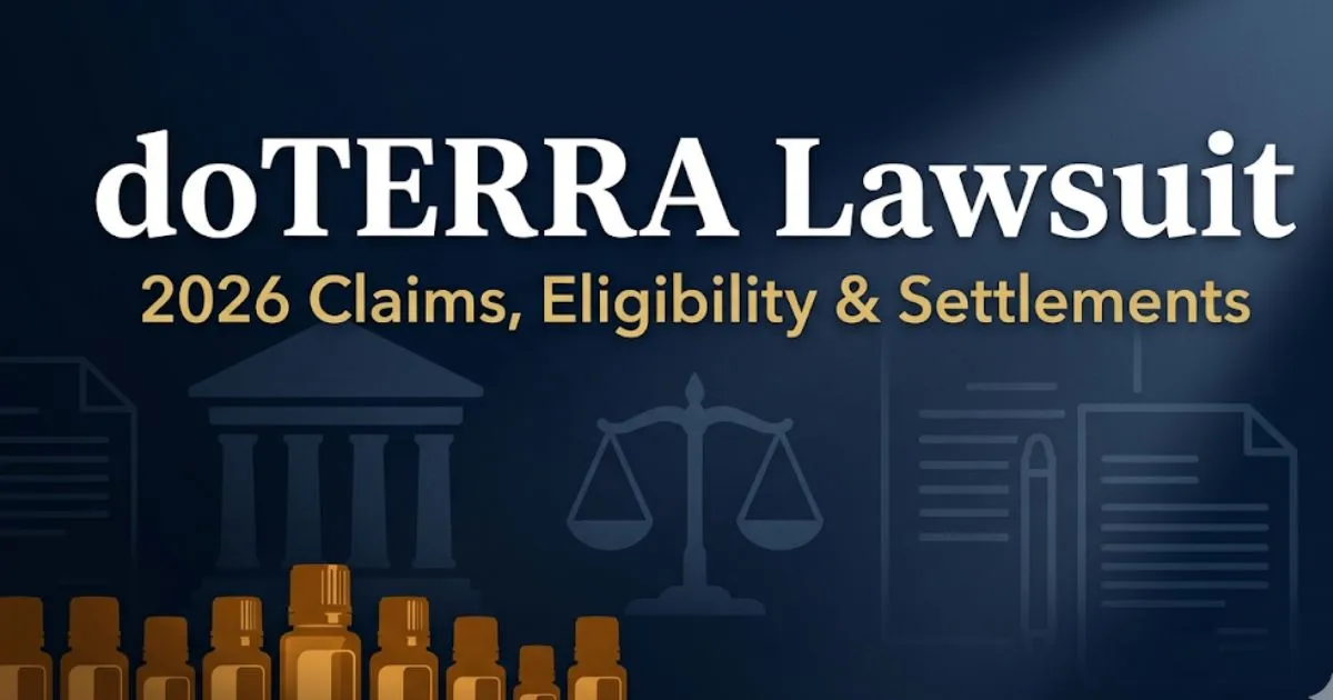 doTERRA lawsuit 2026 legal banner showing courthouse scale icons and essential oil bottle silhouettes on navy background