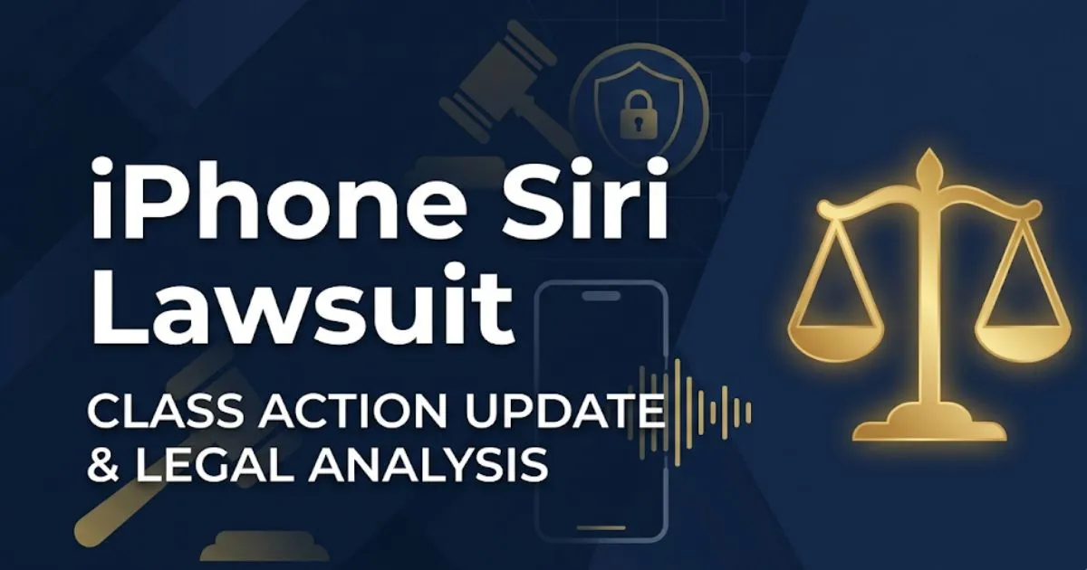 iPhone Siri lawsuit banner with legal icons and bold headline text on navy background