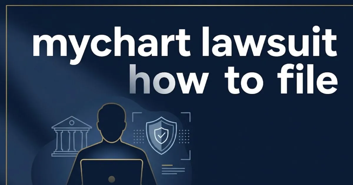 mychart lawsuit how to file 2026 guide banner with legal data privacy icons and courthouse silhouette