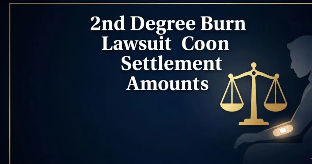 2nd degree burn lawsuit settlement amounts guide with legal scales and burn injury silhouette on navy background