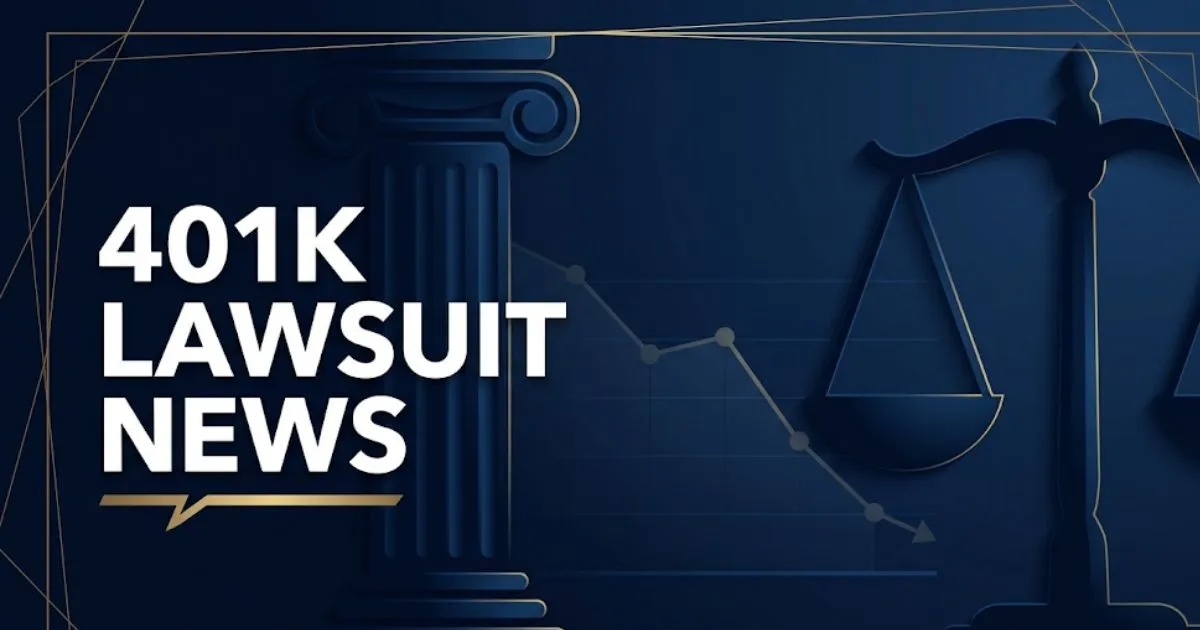 401k lawsuit news 2026 banner showing courthouse silhouette, legal scales, and bold headline on navy background