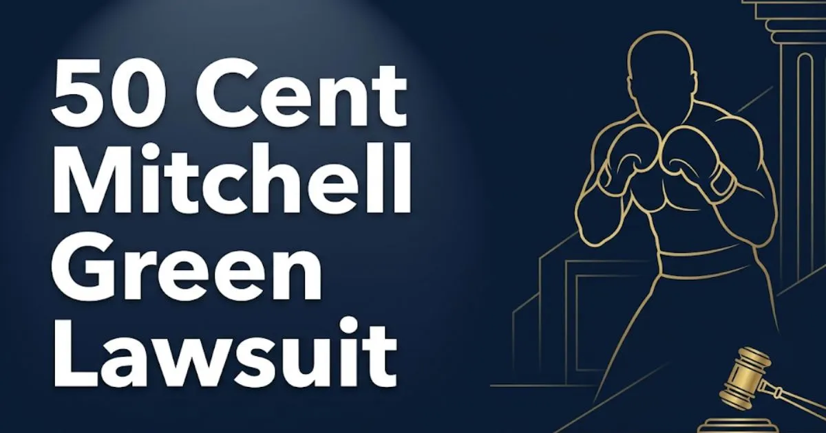 50 cent mitchell green lawsuit case breakdown banner with boxing silhouette and legal gavel on navy background