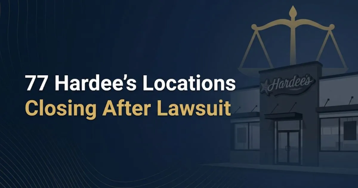 77 Hardee’s locations closing after a lawsuit article banner with legal scales and closed restaurant silhouette.
