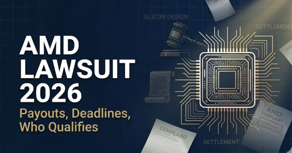 AMD lawsuit 2026 payout and deadline banner with chip silhouette and legal theme