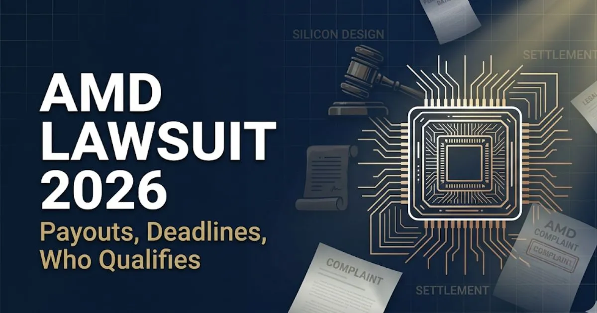 AMD lawsuit 2026 payout and deadline banner with chip silhouette and legal theme
