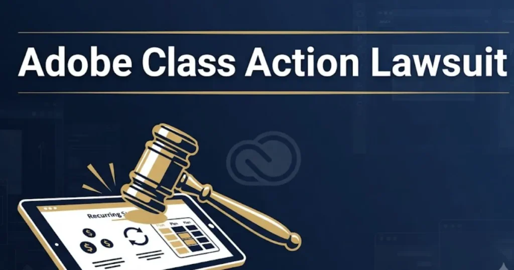 Adobe class action lawsuit 2026 blog banner with gavel and subscription icons on navy background