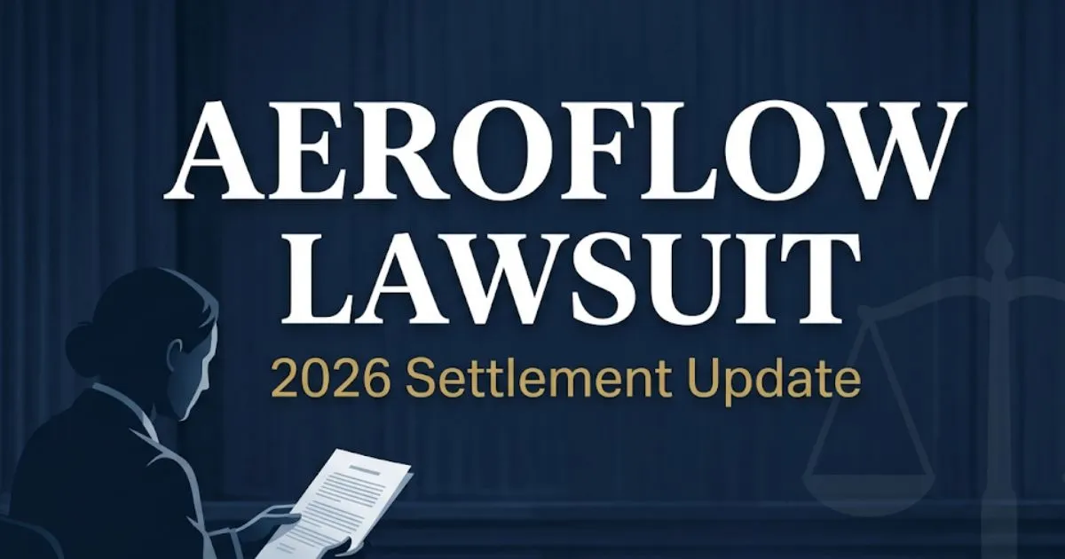 Aeroflow lawsuit 2026 legal banner with scales of justice and bold headline text on navy background