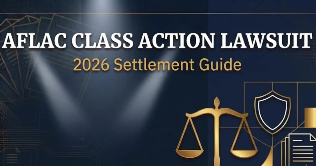 Aflac class action lawsuit 2026 settlement guide banner with legal icons on navy background