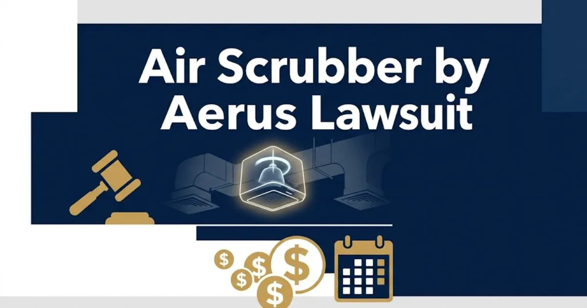 Air Scrubber by Aerus Lawsuit settlement banner with headline, gavel, and HVAC duct silhouette in navy and gold.