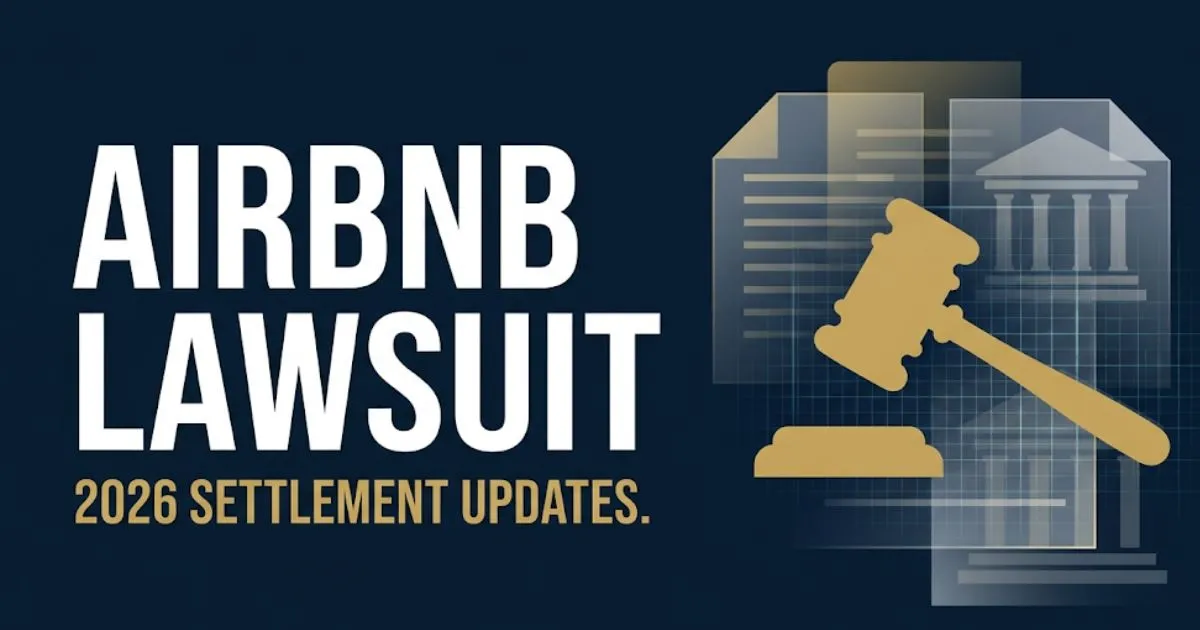Airbnb Lawsuit 2026 settlement banner with gavel icon and navy gold legal design layout.