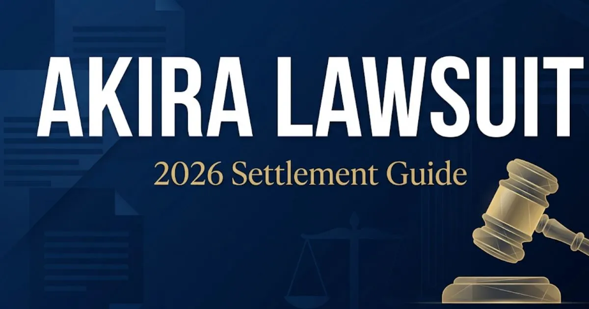 Akira lawsuit 2026 settlement guide banner with legal symbols and gavel icon