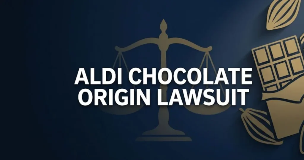 Aldi chocolate origin lawsuit 2026 editorial banner with legal scale icon and chocolate bar silhouettes on navy background