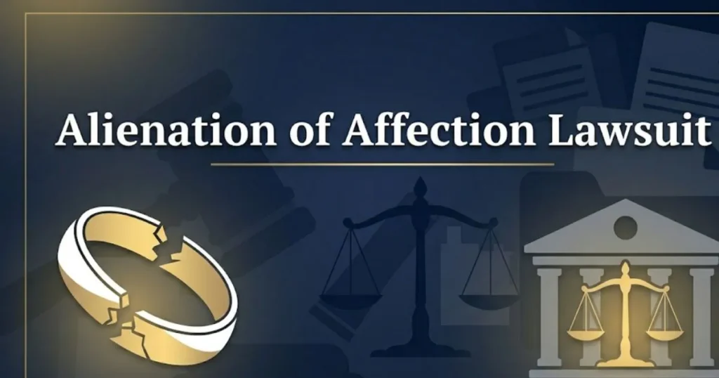 Alienation of affection lawsuit guide with broken ring and courthouse legal imagery