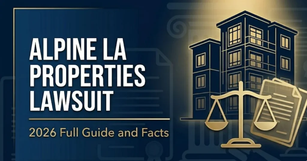Alpine LA Properties Lawsuit 2026 guide banner showing legal scales and residential building silhouette on navy background