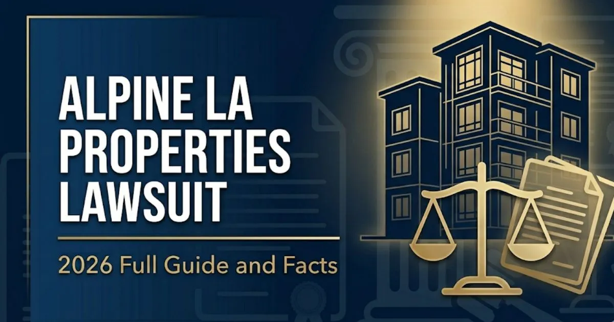 Alpine LA Properties Lawsuit 2026 guide banner showing legal scales and residential building silhouette on navy background