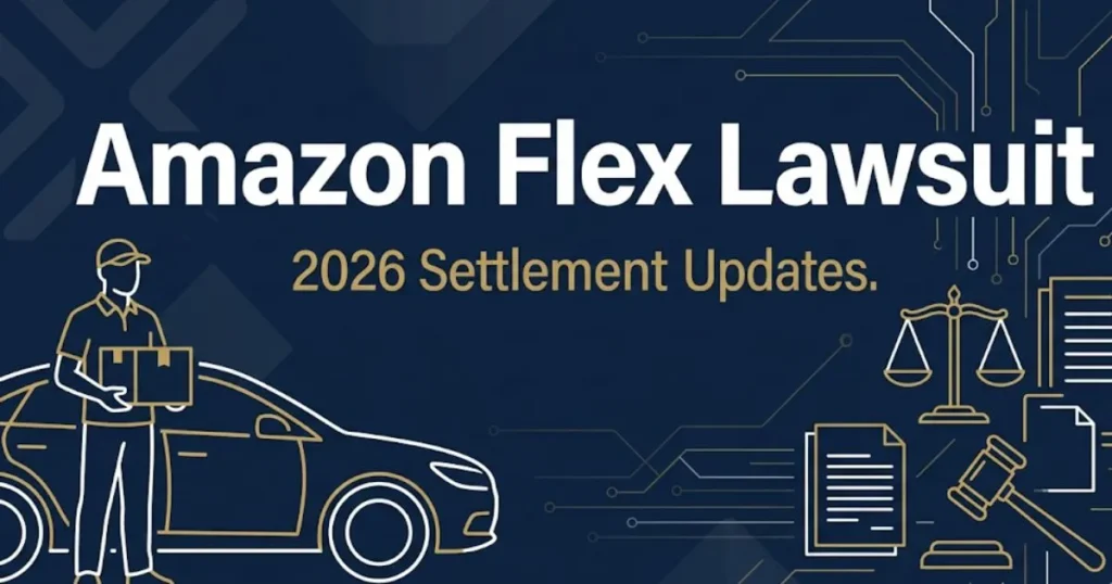 Amazon Flex Lawsuit 2026 blog banner with legal symbols and delivery driver silhouette