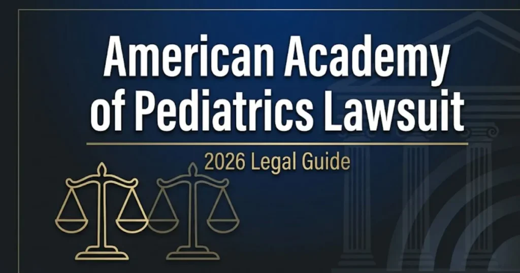 American Academy of Pediatrics lawsuit 2026 legal guide banner with courthouse silhouette and gold scales of justice icon