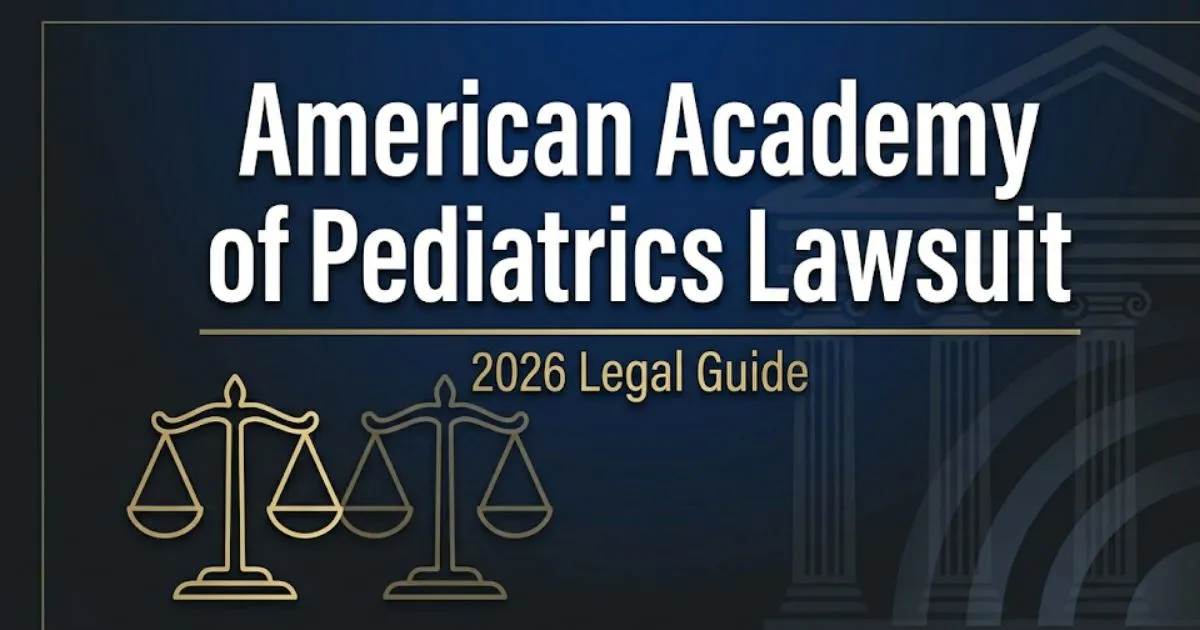 American Academy of Pediatrics lawsuit 2026 legal guide banner with courthouse silhouette and gold scales of justice icon