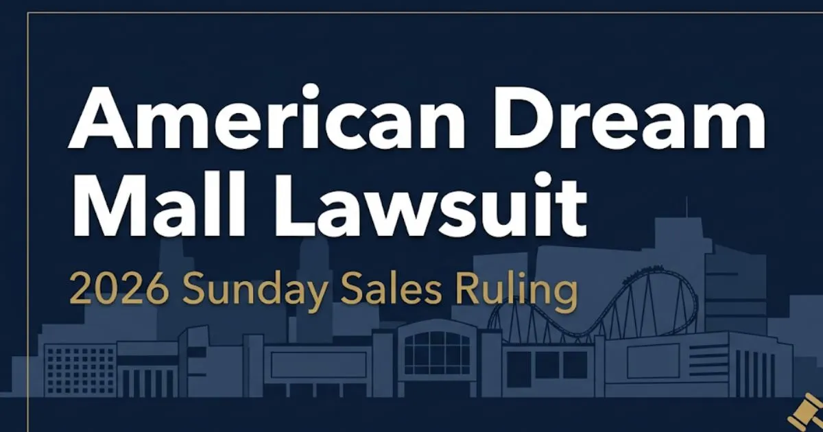 American Dream Mall Lawsuit 2026 Sunday Sales Ruling legal banner with navy background and gold typography.