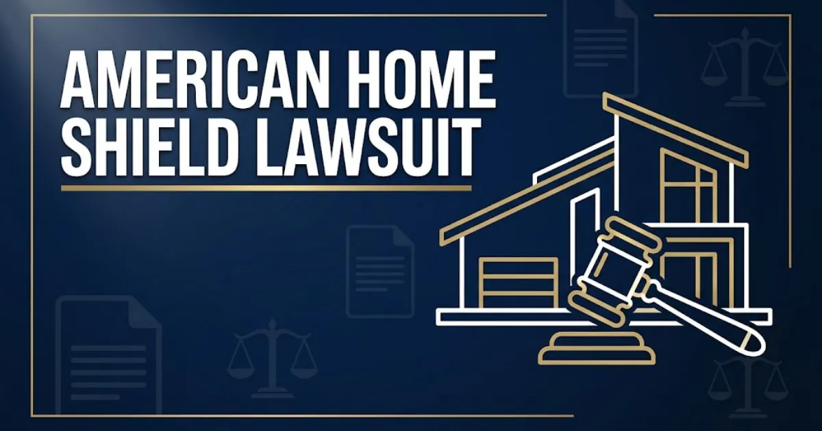 American Home Shield lawsuit 2026 blog banner showing gavel, house silhouette, and legal scales on navy background