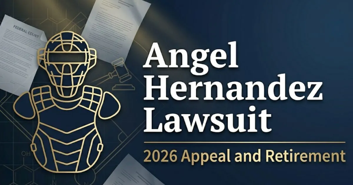 Angel Hernandez lawsuit 2026 legal analysis banner with umpire silhouette and court documents in navy and gold.
