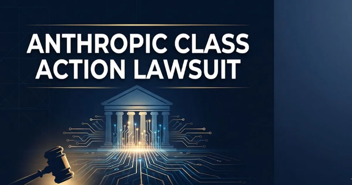 Anthropic class action lawsuit 2026 legal guide banner with courthouse and AI design elements