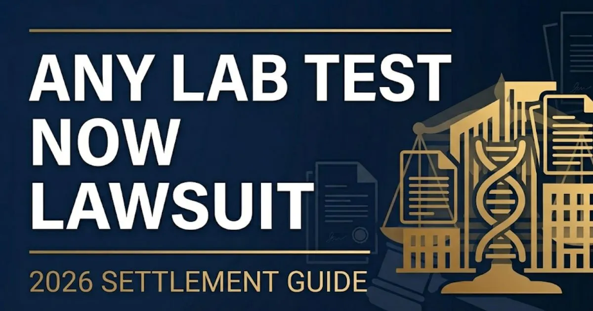 Any Lab Test Now Lawsuit 2026 settlement guide banner with courthouse silhouette and legal icons on navy background