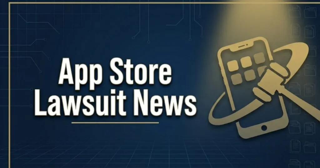 App store lawsuit news 2026 editorial banner showing a gavel and smartphone silhouette on navy background