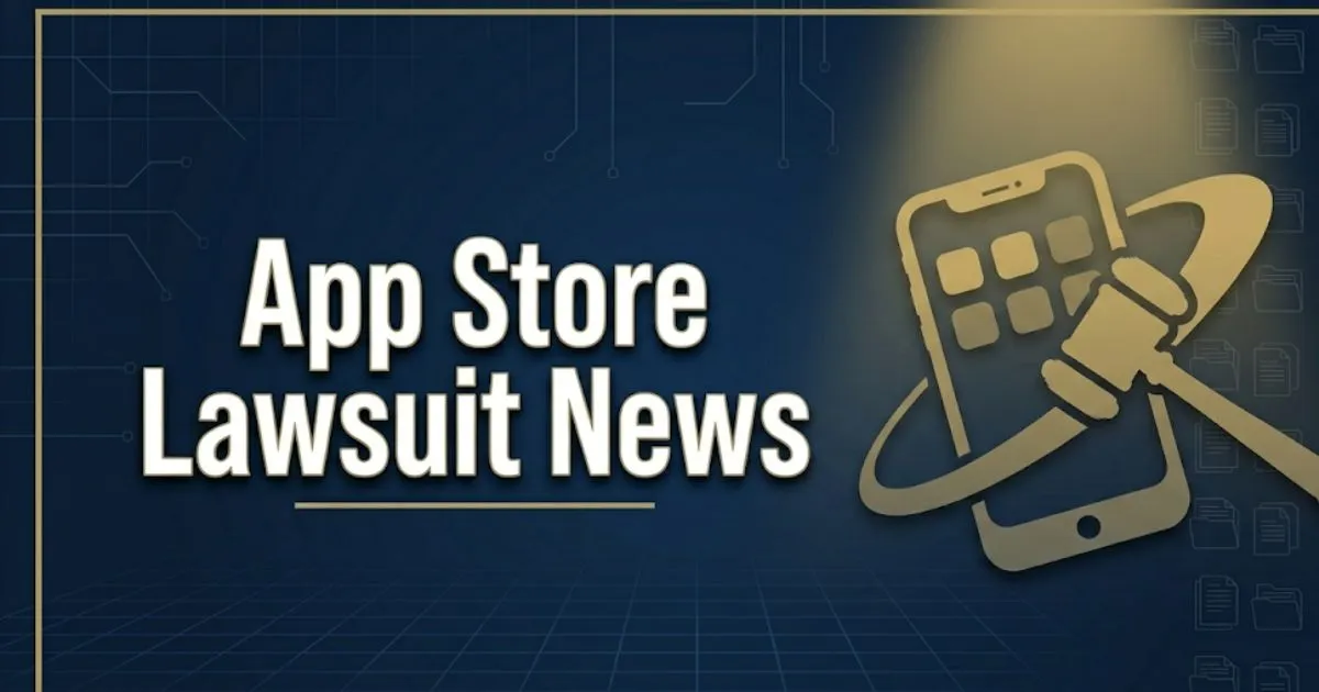 App store lawsuit news 2026 editorial banner showing a gavel and smartphone silhouette on navy background