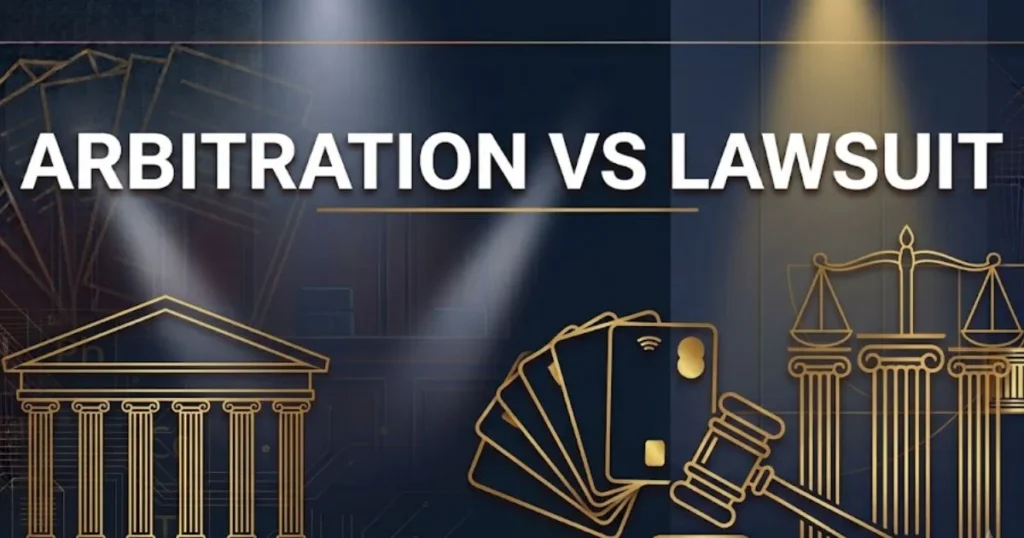 Arbitration vs lawsuit comparison banner showing courthouse and scales of justice on navy background with bold title text