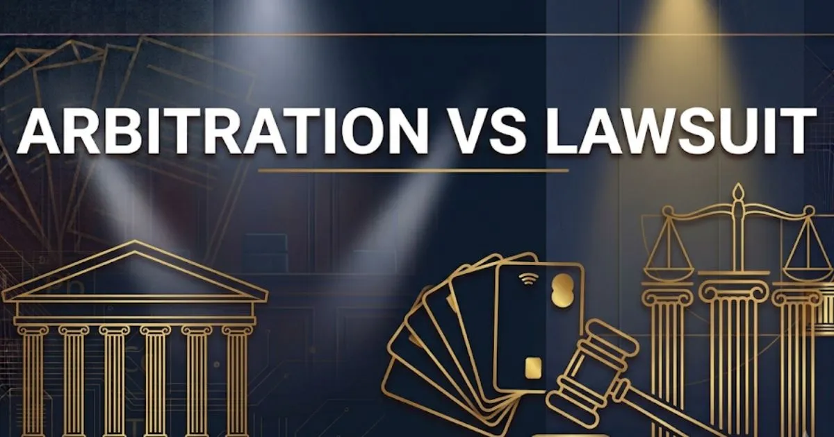 Arbitration vs lawsuit comparison banner showing courthouse and scales of justice on navy background with bold title text