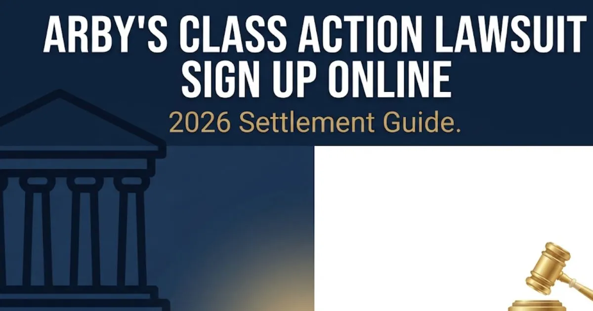 Arby's class action lawsuit sign up online 2026 settlement guide banner with courthouse silhouette and gold legal accents