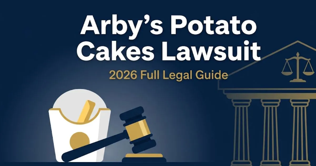 Arby's potato cakes lawsuit 2026 legal guide banner with courthouse silhouette and scales of justice icon