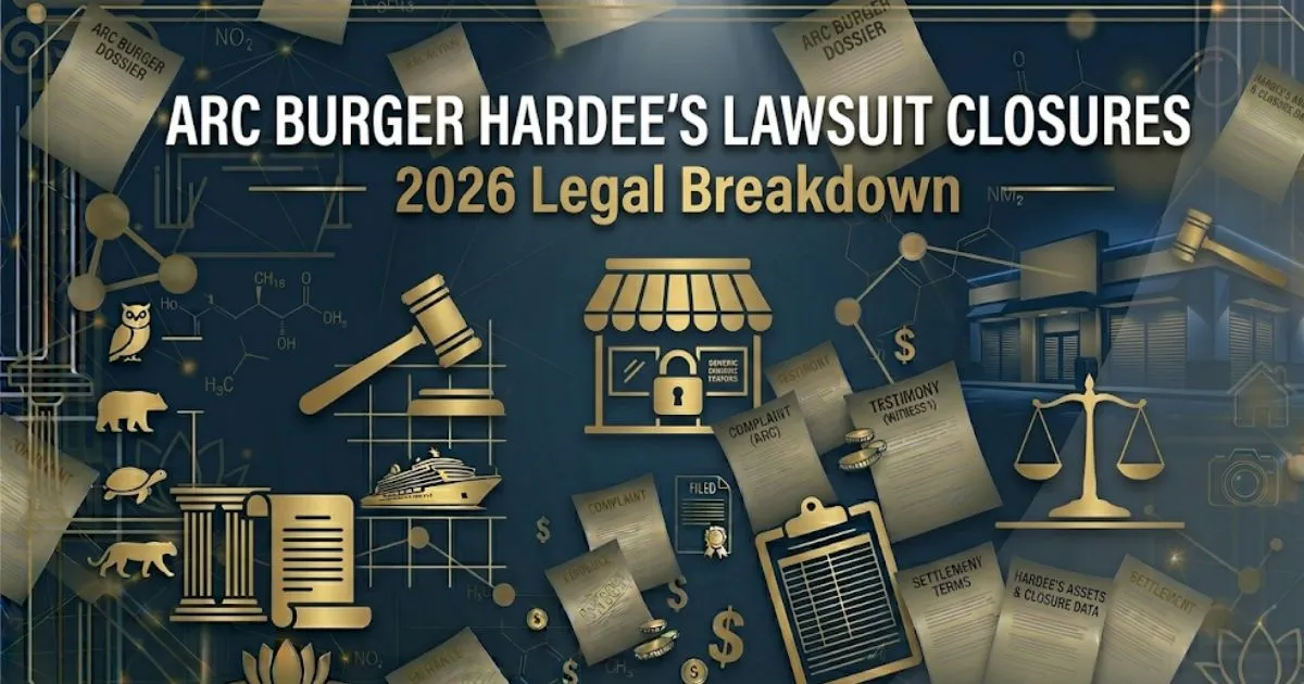 Arc Burger Hardee's lawsuit closures 2026 legal guide banner with gavel and closed restaurant icons on navy background