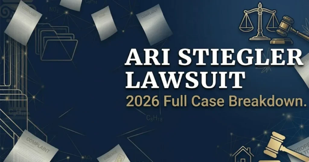 Ari Stiegler lawsuit 2026 legal case breakdown banner with gavel and scales icons on navy background