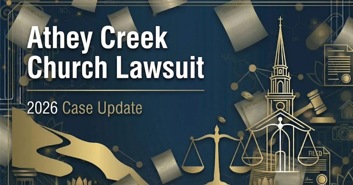 Athey Creek Church Lawsuit 2026 case breakdown banner with legal scale and church silhouette on navy background