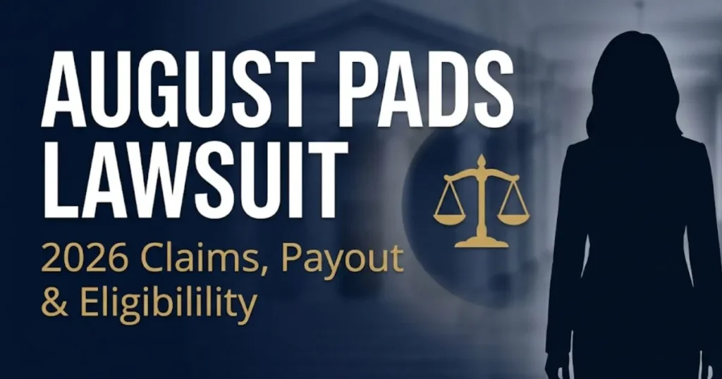 August Pads lawsuit 2026 legal banner showing scales of justice and settlement eligibility information
