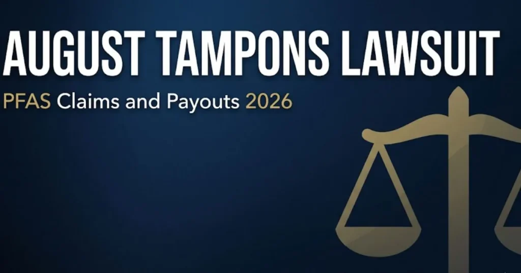 August tampons lawsuit 2026 editorial banner showing PFAS claims, legal scales icon, and settlement payout information