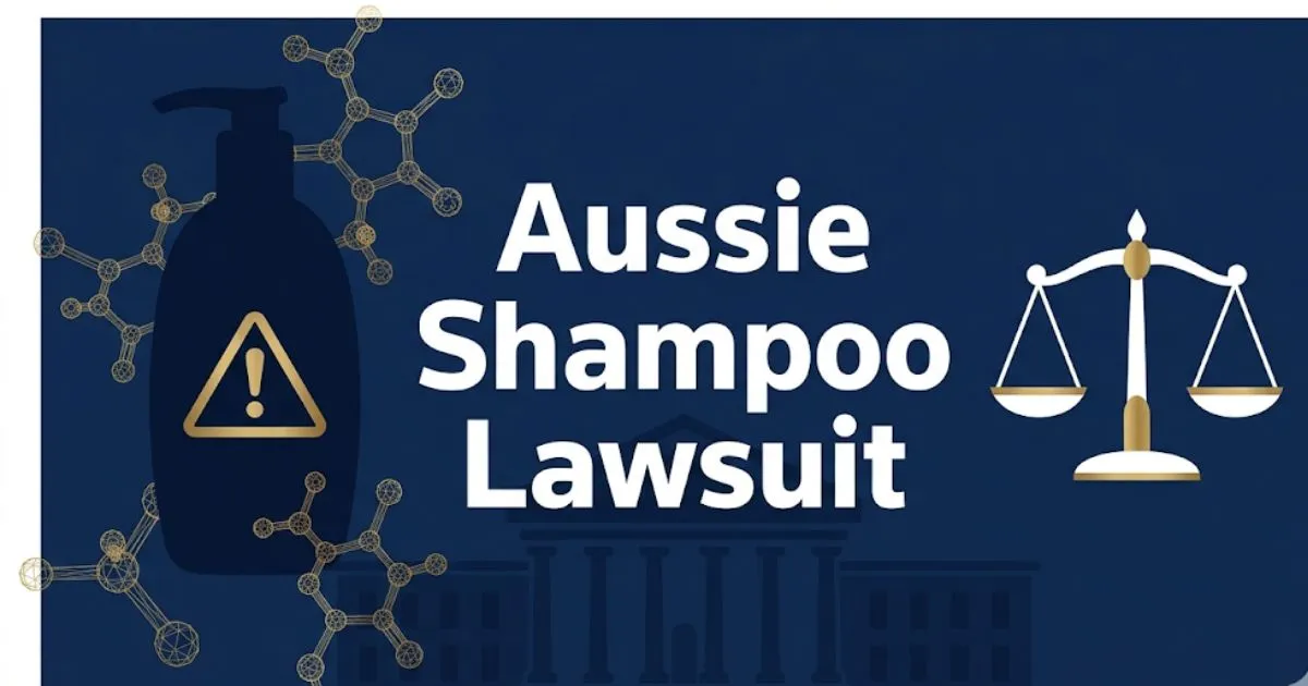 Aussie shampoo lawsuit 2026 banner with legal scales and shampoo bottle graphic