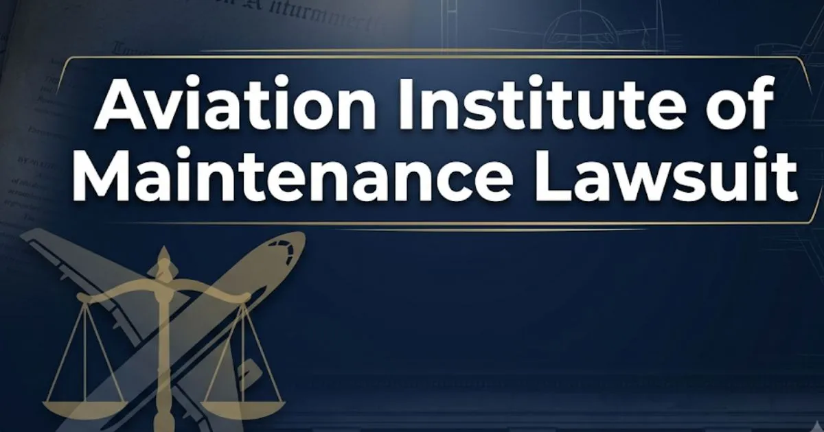 Aviation Institute of Maintenance Lawsuit 2026 legal guide banner with scales of justice and aircraft silhouette