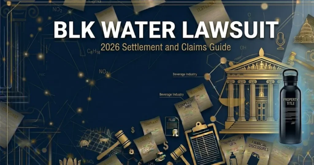 BLK Water Lawsuit 2026 settlement claims guide banner with scales of justice and black water bottle silhouette