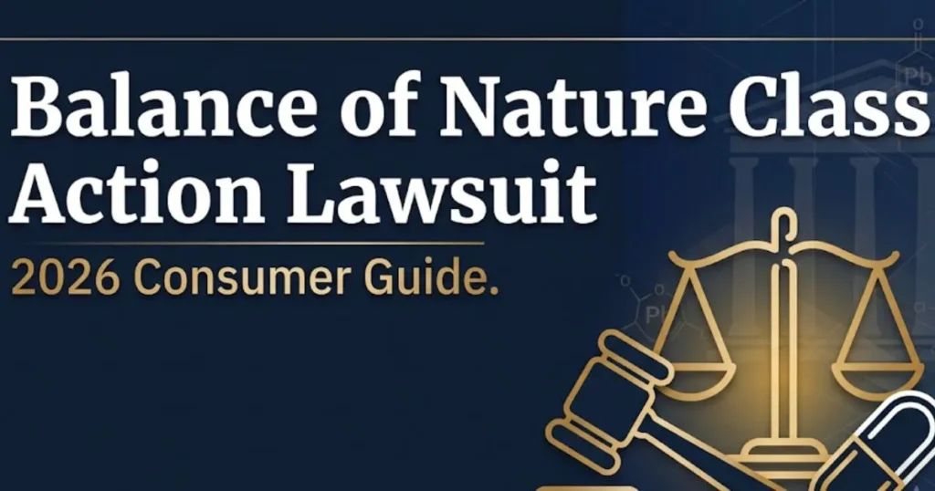 Balance of Nature class action lawsuit 2026 guide banner with legal symbols and bold headline text on navy background