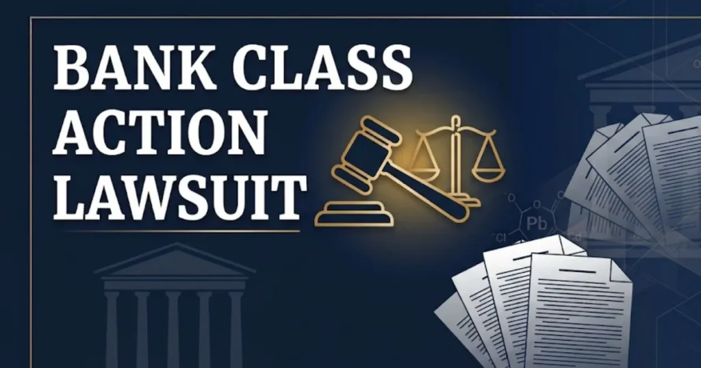 Bank class action lawsuit 2026 guide with legal icons and courthouse design