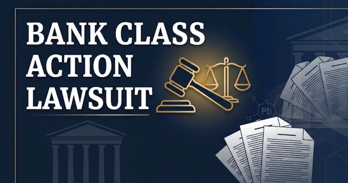 Bank class action lawsuit 2026 guide with legal icons and courthouse design