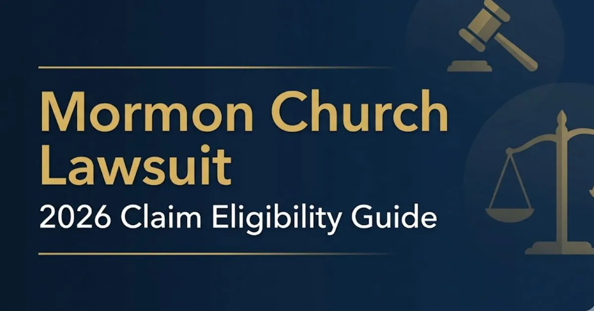 Banner for Mormon Church Lawsuit 2026 article showing a gavel, scales of justice, and the title in gold text on a navy background.