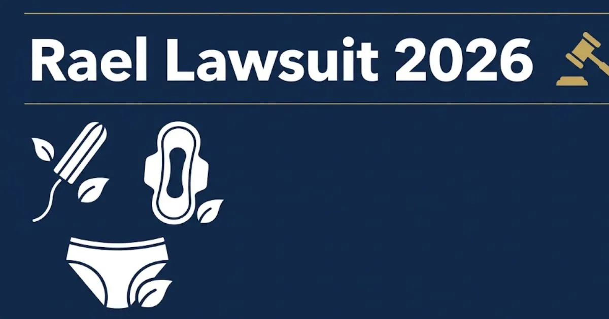 Banner graphic with headline Rael Lawsuit 2026, feminine product silhouettes, and a legal gavel icon on a navy blue background.