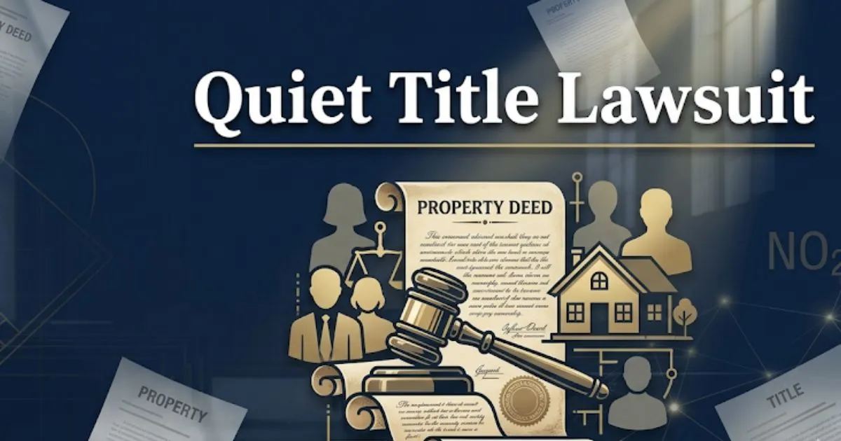 Banner image for quiet title lawsuit article with title text and abstract legal real estate symbols in navy and gold.