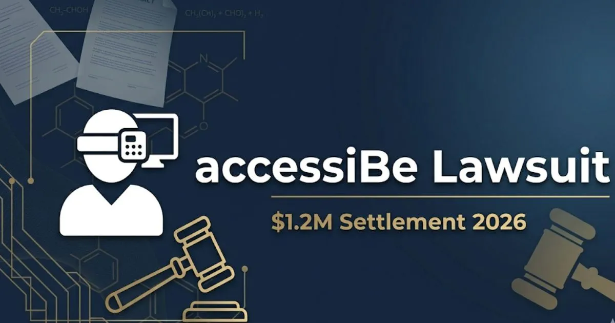 Banner image with accessiBe lawsuit headline text and $1.2M settlement 2026 reference on navy background with legal abstract symbols.