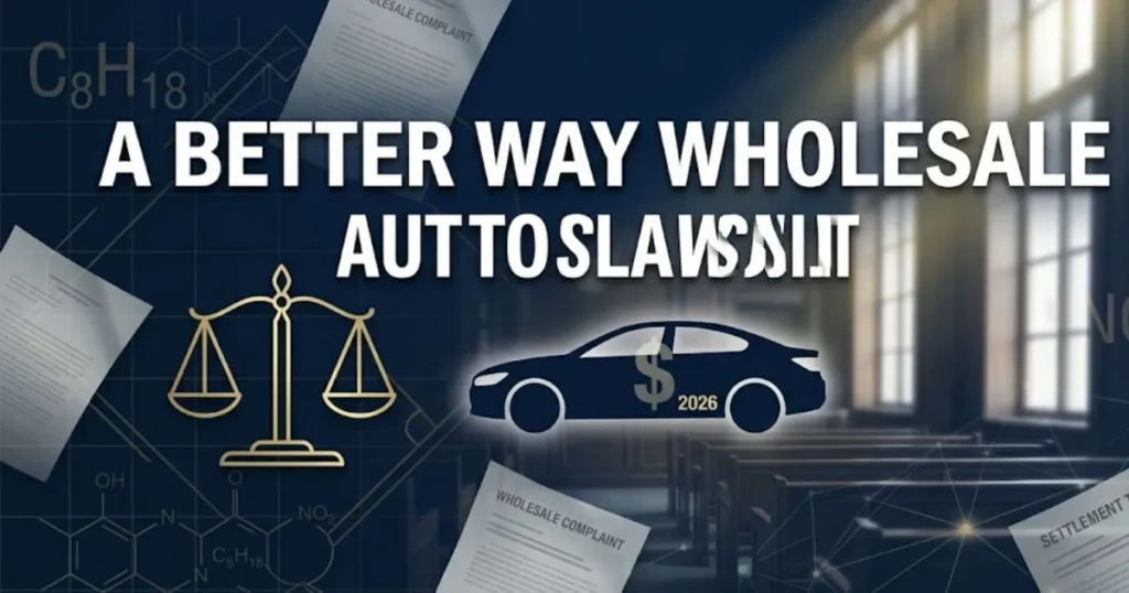 Banner image with headline A Better Way Wholesale Autos Lawsuit featuring gold legal scales and a car silhouette over a courtroom background