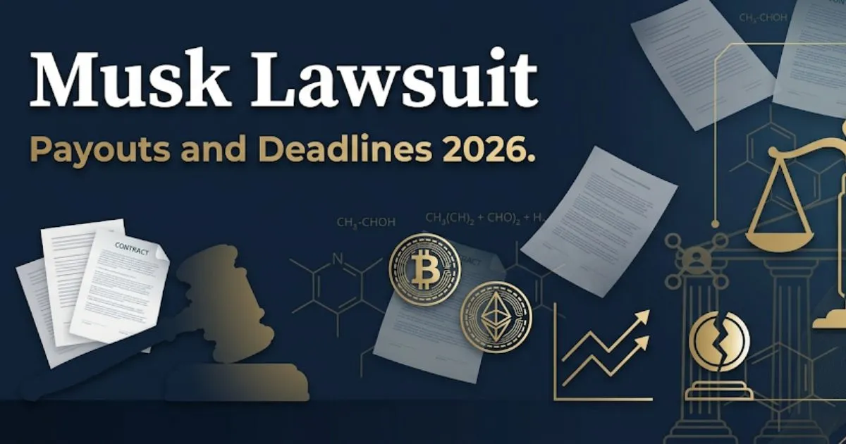 Banner with “Musk Lawsuit” title and 2026 payout deadlines, legal symbols in gold and navy.